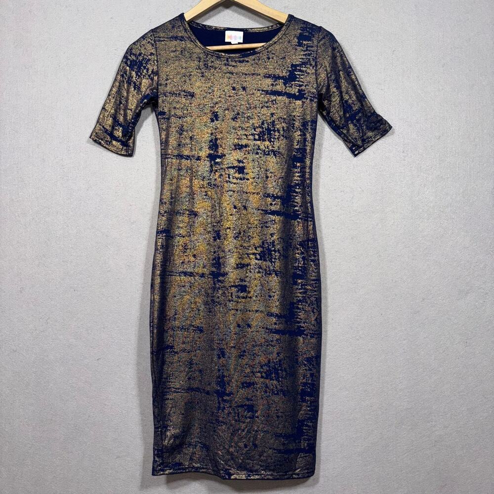 LuLaRoe Julia XXS Dress Blue Gold Artsy Metallic Short Sleeve Stretch Bodycon